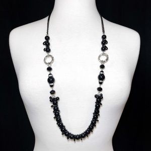 Long Black Beaded Cluster Necklace Earrings Set